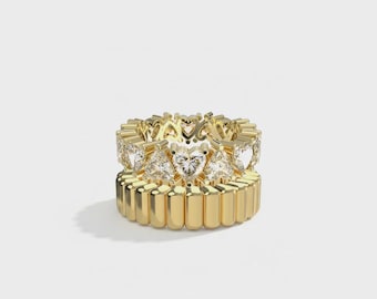Heart Cut Moissanite Ring Set | 18k Gold Plated Sterling Silver Fluted Band
