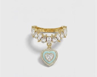 Aurea Mint Heart Charm Ring | Marquise Moissanite, 18k Gold Plated Sterling Silver Dangle Band