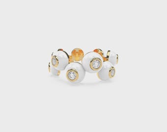 18k Gold Vermeil Diamond Bubble Ring | White Enamel Statement Jewelry Sterling Silver Base