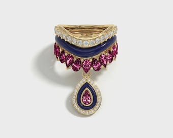 Emerald Navy Enamel Ring Stack | 18k Gold Vermeil Silver Teardrop Charm (3 Piece)