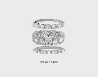 3-Ring Moissanite Stack | Heart, Oval, Baguette Sterling Silver Bands
