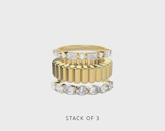 Moissanite Trio Stack Ring | Baguette Eternity, Oval Cluster Set | Gold Sterling Silver Ribbed Combo