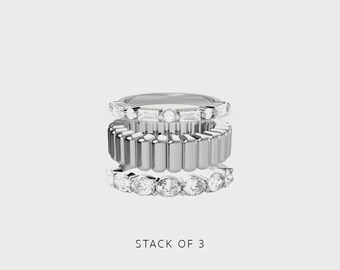 Sterling Silver Moissanite Trio Stack Ring | Baguette Oval Cluster Eternity Combo