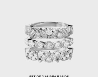 Aurea Trio Ring Stack | Moissanite Diamond Cluster Bands, 18k Rhodium Sterling Silver