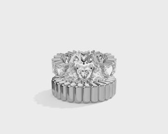 Moissanite Heart Eternity Ring Set | 18k Gold Plated Sterling Silver Fluted Band