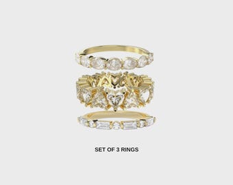 Multi Shape Moissanite Ring Stack | Heart Eternity, Oval, Baguette Bands | Sterling Silver Gold Plated
