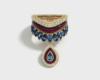 Emerald Navy Enamel Ring Stack | 18k Gold Vermeil Silver Teardrop Charm (3 Piece)