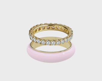 Diamond Eternity Ring Set | Colorful Enamel Stacking Rings | 925 Sterling Silver