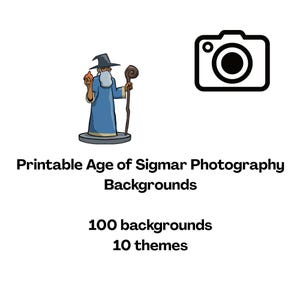 May include: Printable Age of Sigmar Photography Backgrounds. The image features a cartoon wizard, a camera icon, and text indicating 100 backgrounds across 10 themes. The wizard is in a blue robe, holding a staff and a flame.