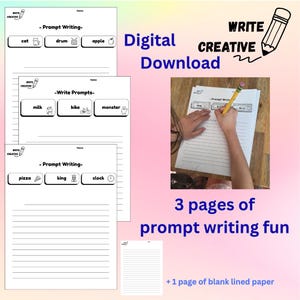 Puede incluir: Descarga digital de páginas de escritura con indicaciones. Tres páginas presentan indicaciones de escritura con imágenes de gato, tambor, manzana, leche, bicicleta, monstruo, pizza, rey y reloj. Incluye una página de papel rayado en blanco.