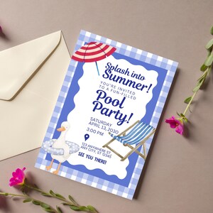 May include: A rectangular pool party invitation card with a blue and white gingham border. It features a white duck in a polka dot inner tube, a red and white striped umbrella, and a blue striped beach chair. Text reads: Splash into Summer!