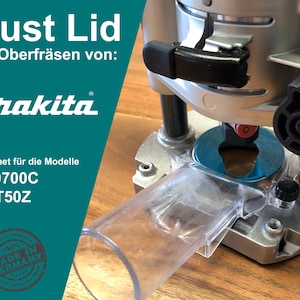 Könnte beinhalten: Ein transparenter Staubfang aus Kunststoff für eine Makita Oberfräse. Der Staubfang ist so konzipiert, dass er Staub und Ablagerungen während des Betriebs der Oberfräse auffängt. Der Staubfang ist kompatibel mit den Modellen RT0700C und DRT50Z. Der Staubfang ist in Deutschland hergestellt.