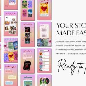 May include: A collection of pink and peach Instagram story templates for book lovers. The templates feature book covers, text, and graphics. Text includes "YOUR STORIES, MADE EASY" and "Ready to try?"