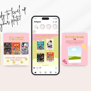 以下が含まれることがあります： スマートフォンには、本の表紙とテキストが表示されたInstagramフィードが表示されています。テキストには「Ready to level up your plate?」と「This month starts here」と書かれています。その他のテキストには「Spring Reading Bump」と「First Line Monday」が含まれています。