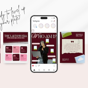 May include: A digital marketing graphic with a smartphone mockup displaying an Instagram post. The post features text and images on a burgundy background, with the words "Ready to level up your plate?" in cursive.
