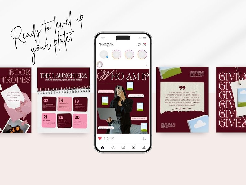 May include: A digital marketing graphic with a smartphone mockup displaying an Instagram post. The post features text and images on a burgundy background, with the words "Ready to level up your plate?" in cursive.