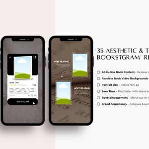May include: Image of three smartphones displaying aesthetic book-themed Instagram Reels. The screens showcase book covers, text, and a shopping cart icon. Text on the right reads "35 Aesthetic & Trendy Bookstagram Reels" with bullet points describing features.