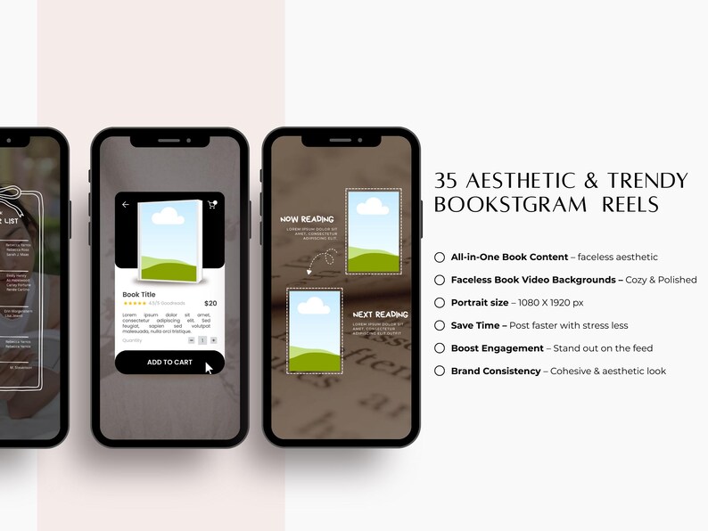 May include: Image of three smartphones displaying aesthetic book-themed Instagram Reels. The screens showcase book covers, text, and a shopping cart icon. Text on the right reads "35 Aesthetic & Trendy Bookstagram Reels" with bullet points describing features.