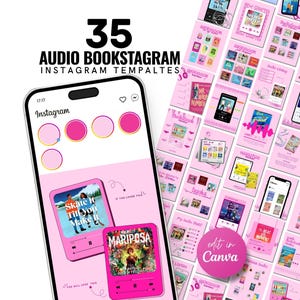 Peut inclure: Ensemble de modèles Instagram roses avec le texte "35 AUDIO BOOKSTAGRAM INSTAGRAM TEMPALTES". L'image présente un smartphone avec une interface rose et plusieurs graphiques sur le thème des livres. Les mots "Skate It Till You Make It" et "Mariposa" sont visibles.