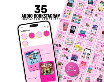 オーディオブックのブックスタグラムテンプレート、CanvaオーディオブックレビューInstagram投稿、現在聴いている音楽、読書トラッカーバンドル