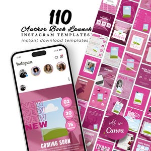 Può includere: Una vetrina di prodotti digitali con 110 modelli Instagram per il lancio di libri di autori. L'immagine mostra uno smartphone che mostra un post di Instagram con una grafica "Coming Soon" e una griglia di modelli rosa. Il testo include "Author Book Launch" e "Edit in Canva".