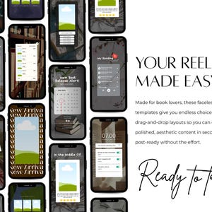 May include: A collection of smartphones displaying various reel templates with a book theme. The screens showcase layouts with text and graphics, including a calendar, book stacks, and a timer. Text on the image reads "YOUR REELS, MADE EASY" and "Ready to try?"