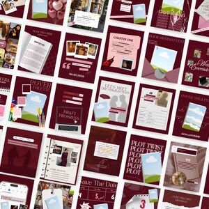 May include: A collection of burgundy and white digital templates for book-related content. The templates include pages for book signing events, chapter layouts, cover palettes, and plot twists. Some templates feature images and text.