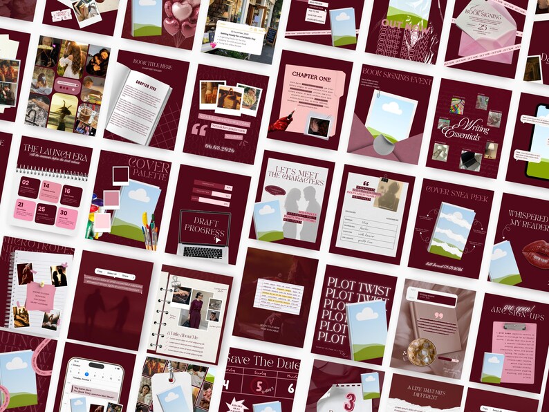 May include: A collection of burgundy and white digital templates for book-related content. The templates include pages for book signing events, chapter layouts, cover palettes, and plot twists. Some templates feature images and text.