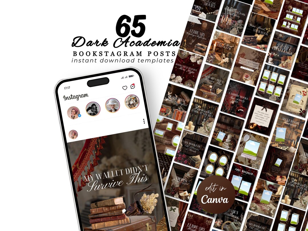 Bookstagram Dark Academia Canva Templates Instagram Posts Stories Reels Moody Vintage Reading ...