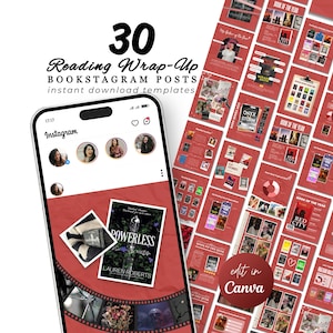 Può includere: Un mockup di prodotto digitale con 30 modelli di post Bookstagram. Il design include uno smartphone che mostra un feed di Instagram con copertine di libri e uno sfondo rosso. Il testo include "Reading Wrap-Up" e "instant download templates."