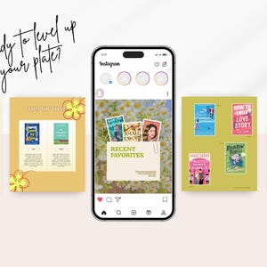 May include: A smartphone displays an Instagram feed with book-themed graphics. The feed includes book covers, text, and floral accents. The text "Ready to level up your plate?" is written in cursive.