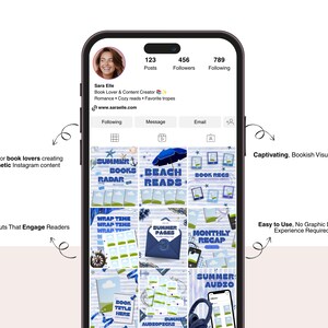 May include: A smartphone displaying an Instagram profile grid for Sara Elle, a book lover and content creator. The grid features nine blue-themed graphic templates with text like Summer Books Radar, Beach Reads, and Monthly Recap, surrounded by arrows and text.