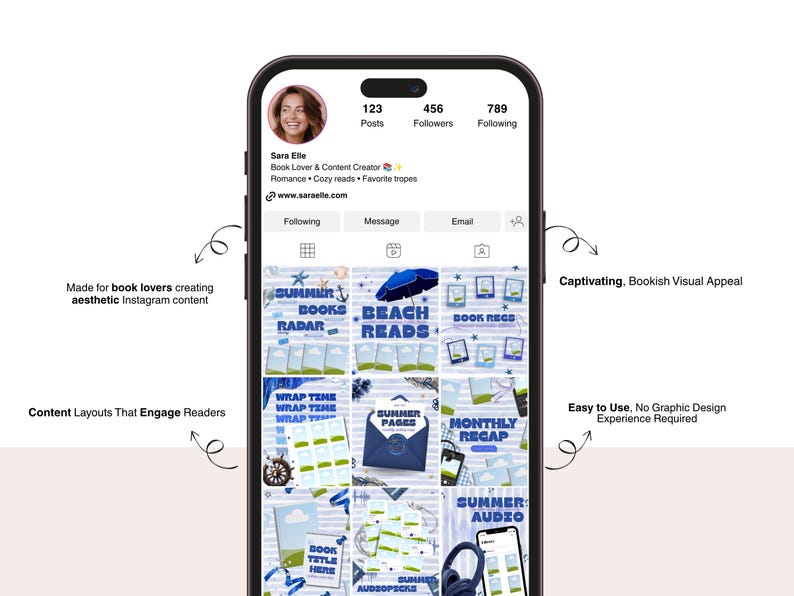 May include: A smartphone displaying an Instagram profile grid for Sara Elle, a book lover and content creator. The grid features nine blue-themed graphic templates with text like Summer Books Radar, Beach Reads, and Monthly Recap, surrounded by arrows and text.