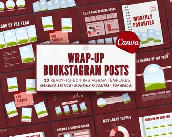 Può includere: Una raccolta di 30 modelli Instagram pronti per la modifica per recensioni di libri, con uno sfondo rosso scuro e testo bianco. I modelli includono layout per statistiche di lettura, preferiti mensili e letture migliori con segnaposti.