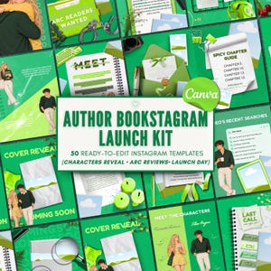 May include: A digital marketing kit featuring 50 ready-to-edit Instagram templates for authors, displayed in a collage of green-themed graphics including text like Author Bookstagram Launch Kit, Spicy Chapter Guide, and Meet.