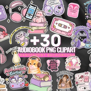 Puede incluir: Una colección de coloridas pegatinas de clipart PNG con auriculares, libros y elementos relacionados. Las pegatinas incluyen texto como "Audiobook Girlie", "Eat, Sleep, Listen, Repeat" y "Audiobook PNG Clipart". La paleta de colores incluye rosa, morado y negro.