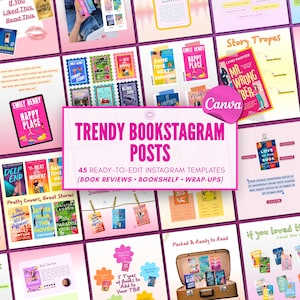 Modelli per Instagram per ragazze, pacchetto Canva per recensioni di libri, tracker di lettura TBR, modelli per post Instagram per amanti dei romanzi rosa.
