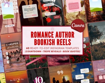 Puede incluir: Una colección de 60 plantillas digitales de Instagram para autores de novela romántica, con varios diseños y superposiciones de texto como Romance Author Bookish Reels, cuentas atrás, revelaciones de tropos y citas en tonos rosa y rojo.