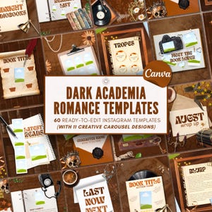 May include: A collection of 60 digital Instagram templates featuring dark brown and cream tones with vintage-inspired graphics like skulls, vinyl records, old books, and quills. The central text reads DARK ACADEMIA ROMANCE TEMPLATES 60 READY-TO-EDIT INSTAGRAM TEMPLATES (WITH 11 CREATIVE CAROUSEL DESIGNS).