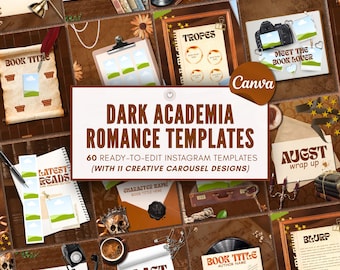 May include: A collection of 60 digital Instagram templates featuring dark brown and cream tones with vintage-inspired graphics like skulls, vinyl records, old books, and quills. The central text reads DARK ACADEMIA ROMANCE TEMPLATES 60 READY-TO-EDIT INSTAGRAM TEMPLATES (WITH 11 CREATIVE CAROUSEL DESIGNS).