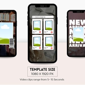 May include: Three smartphones displaying a book-themed app interface. The app showcases book covers with landscape illustrations. One phone has a barcode, another displays "NEW ARRIVAL" text. The template size is 1080 x 1920 px.