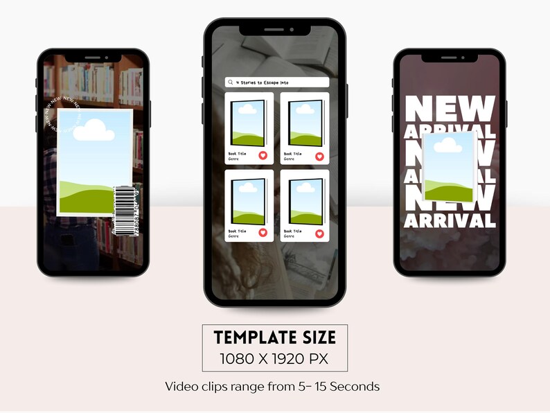 May include: Three smartphones displaying a book-themed app interface. The app showcases book covers with landscape illustrations. One phone has a barcode, another displays "NEW ARRIVAL" text. The template size is 1080 x 1920 px.