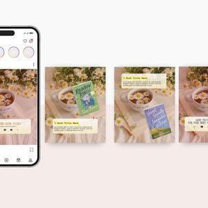 May include: Instagram post featuring a cozy spring reading theme. A smartphone displays the post with a cup of tea with daisies, an open book, and a book cover. Text includes "3 Spring Book Picks" and "Save this spring time for your next cozy reading day."