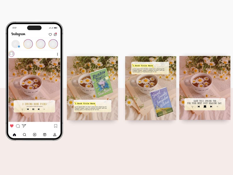May include: Instagram post featuring a cozy spring reading theme. A smartphone displays the post with a cup of tea with daisies, an open book, and a book cover. Text includes "3 Spring Book Picks" and "Save this spring time for your next cozy reading day."