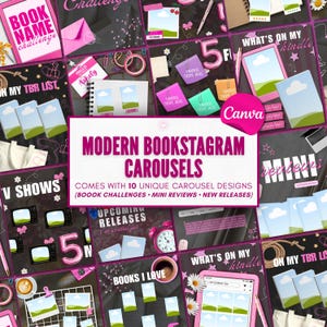 May include: A digital template collection titled Modern Bookstagram Carousels featuring pink and black graphics, book challenge layouts, mini review cards, and Kindle-themed designs with icons of books, clocks, and stationery.