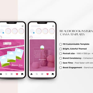 以下が含まれることがあります： 3つのスマートフォンがピンク色のInstagramストーリーテンプレートを表示しています。テンプレートは「110 Audiobook Instagram Canva Templates」を宣伝しています。カスタマイズ可能なテンプレート、明るい色、1080 x 1350 pxのポートレートサイズが含まれています。