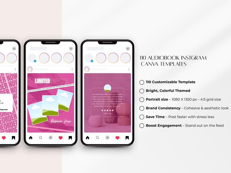 以下が含まれることがあります： 3つのスマートフォンがピンク色のInstagramストーリーテンプレートを表示しています。テンプレートは「110 Audiobook Instagram Canva Templates」を宣伝しています。カスタマイズ可能なテンプレート、明るい色、1080 x 1350 pxのポートレートサイズが含まれています。