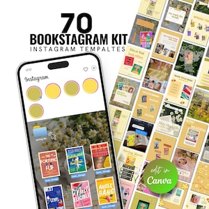 May include: A digital product mockup featuring a smartphone displaying Instagram templates. The templates are for book-related content, with a variety of designs and the text "70 BOOKSTAGRAM KIT INSTAGRAM TEMPALTES". The image also includes the text "Edit in Canva".