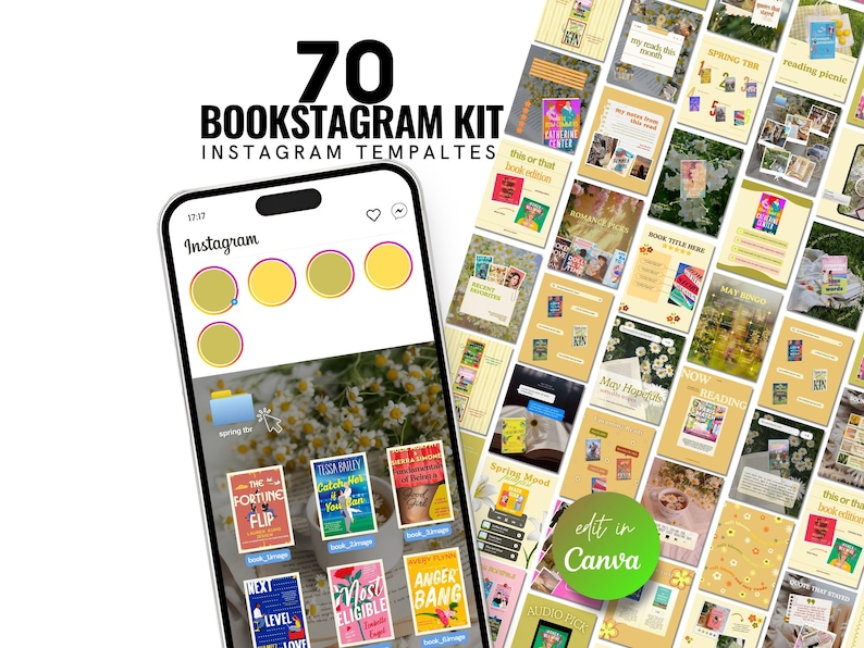 May include: A digital product mockup featuring a smartphone displaying Instagram templates. The templates are for book-related content, with a variety of designs and the text "70 BOOKSTAGRAM KIT INSTAGRAM TEMPALTES". The image also includes the text "Edit in Canva".