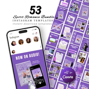 May include: A collection of 53 Sport Romance Instagram templates in purple and white. The image shows a smartphone with an Instagram interface, a book cover, and the text "Now on Audio!", alongside various template designs.